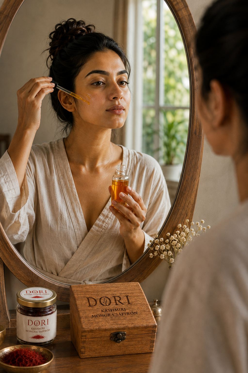 Woman applying saffron-infused facial serum in front of a mirror beside the DORI saffron jar and wooden box