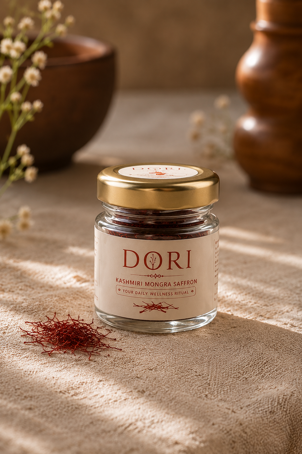DORI Kashmiri Mongra Saffron jar on linen beside loose saffron threads
