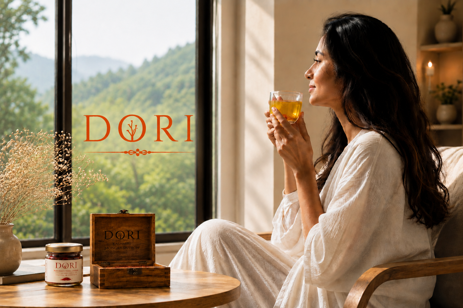 Woman enjoying saffron tea beside the DORI wooden box and saffron jar