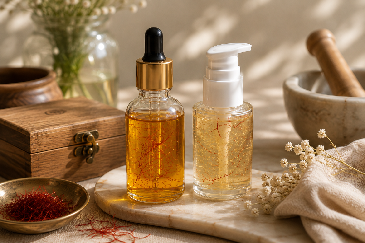 Homemade saffron face oil and hydrating saffron serum bottles on a marble tray beside a DORI wooden box and a dish of saffron strands
